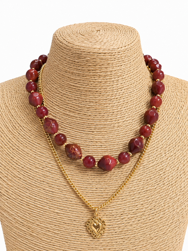 Collar Piedra Ojo De Gato Corazon Vinotinto