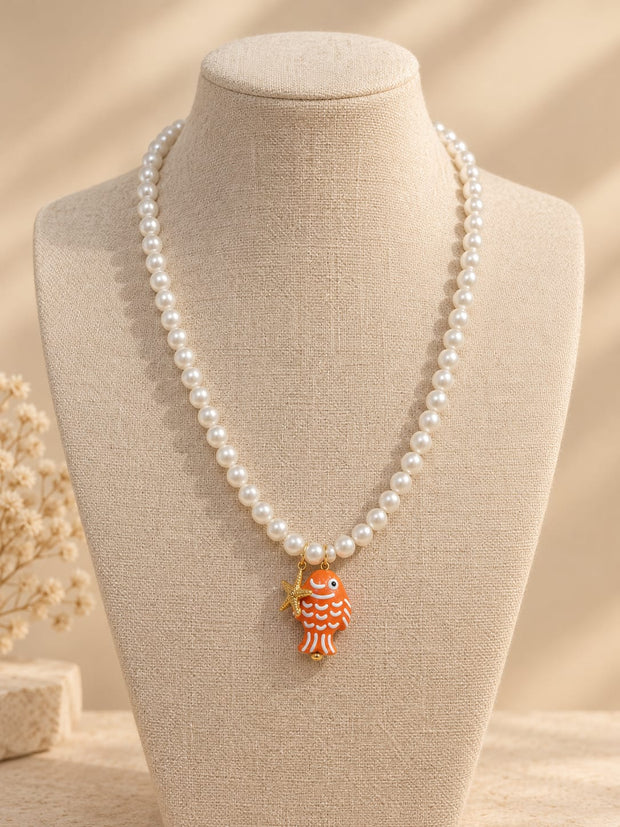 Collar Largo Perlas Pez Blanco