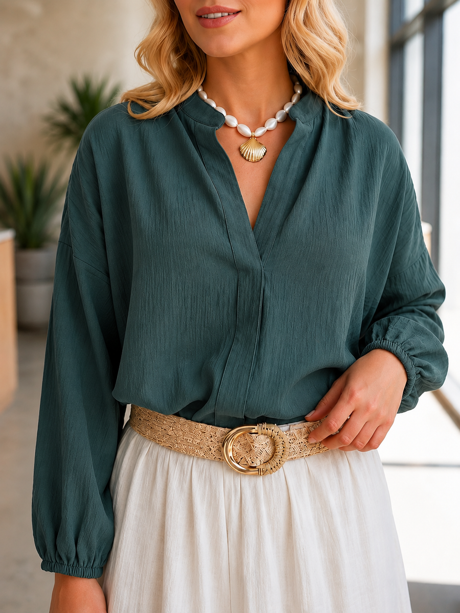 Blusa Manga Larga Resorte Cuello Verde