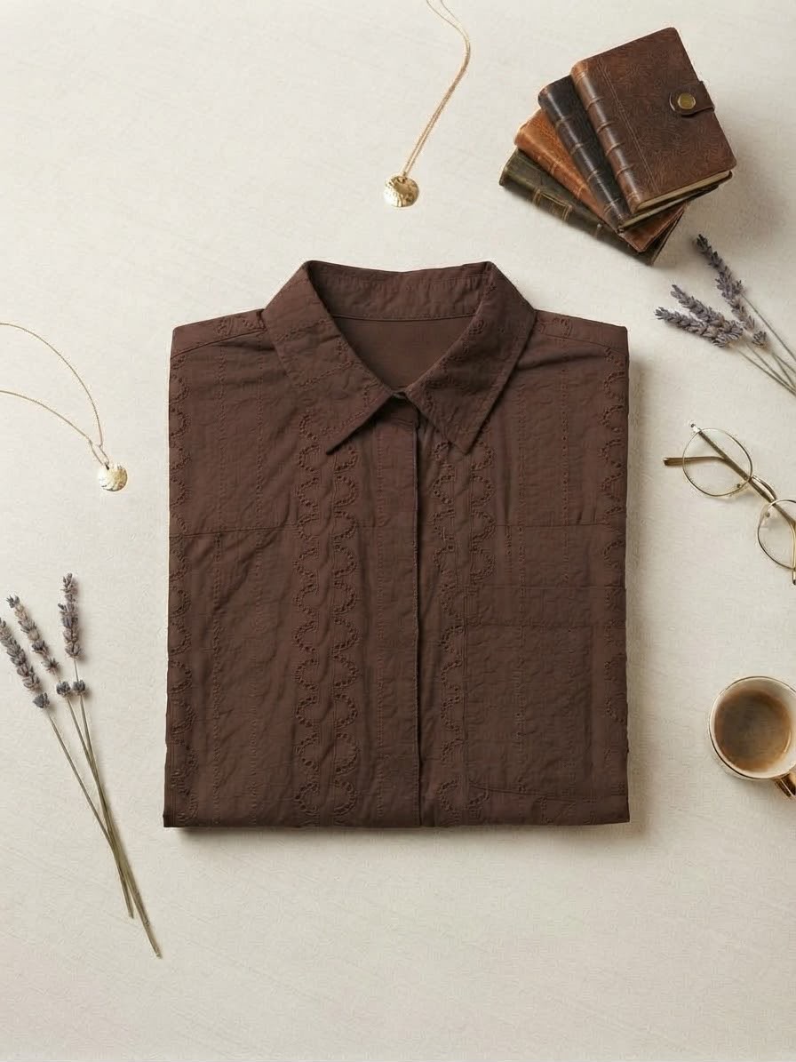 Camisa Cuello Ojalillo Bolsillos Café