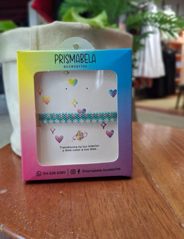 Pulsera 9 hilos verde, blanco y cobre