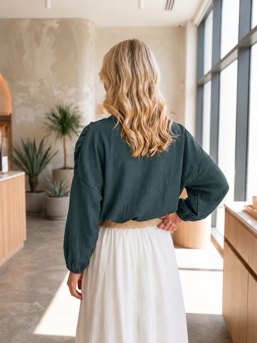 Blusa Manga Larga Resorte Cuello Verde