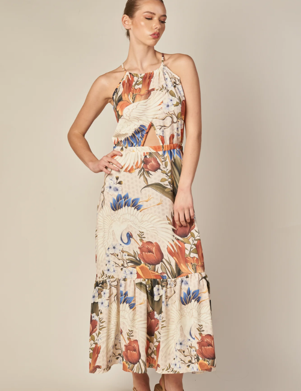 Vestido Largo Felisa Print Aves Beige