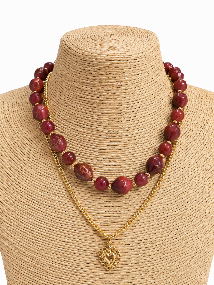 Collar Piedra Ojo De Gato Corazon Vinotinto