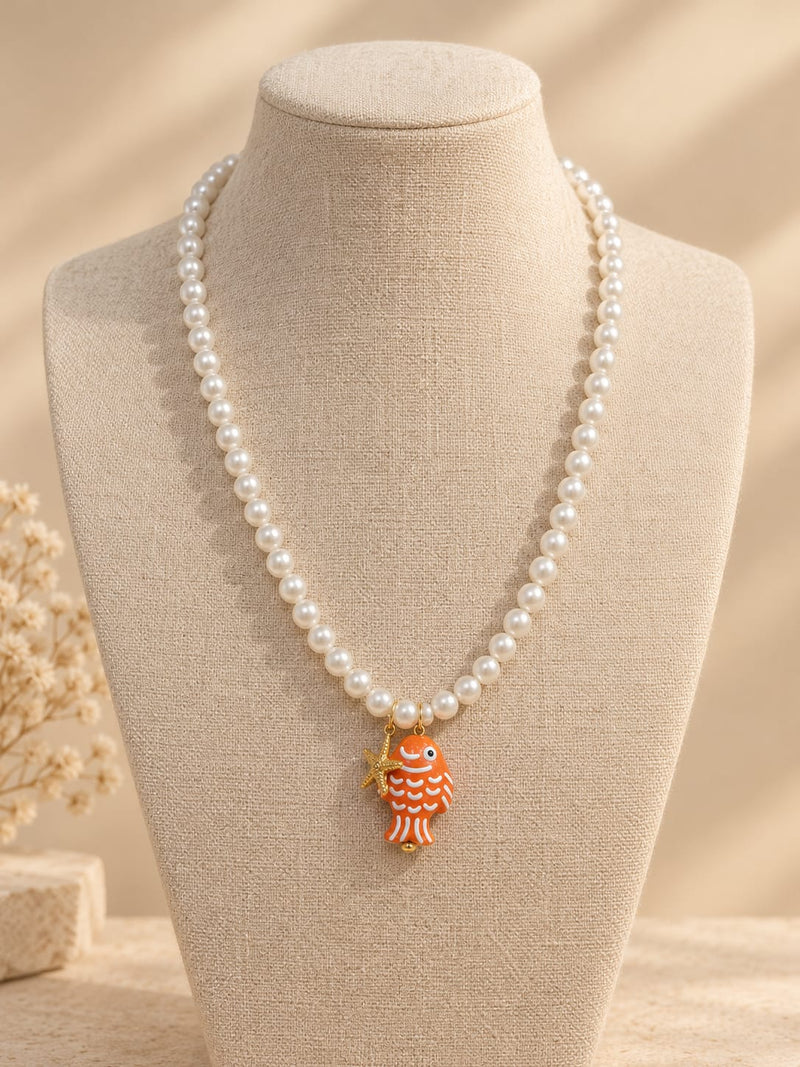 Collar Largo Perlas Pez Blanco