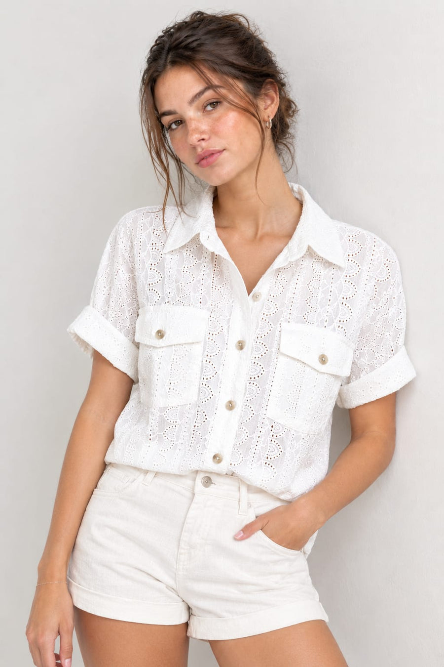 Camisa Cuello Ojalillo Bolsillo Blanca