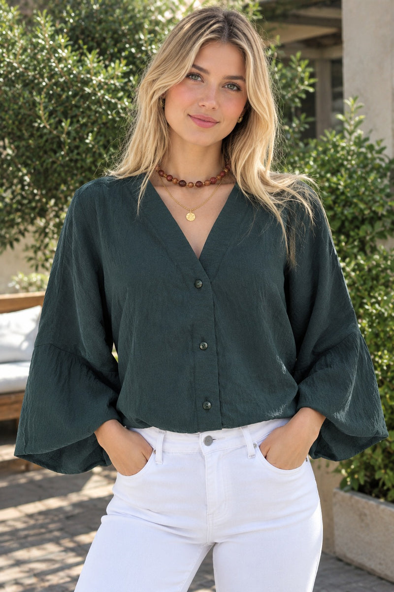 Blusa Manga Larga Boton  Cuello  V
