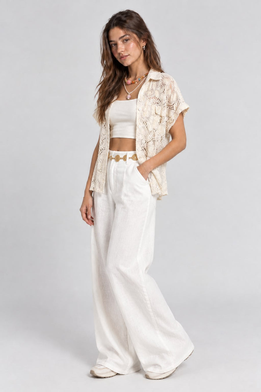 Camisa Cuello Bordado Bolsillo Beige