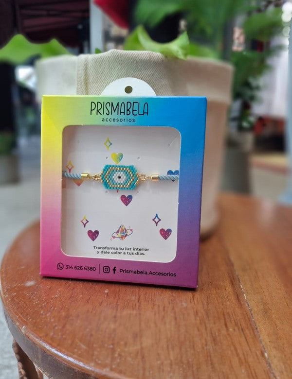 PULSERA DIJE MACRAME AGUA MARINA DORADO Y BLANCO