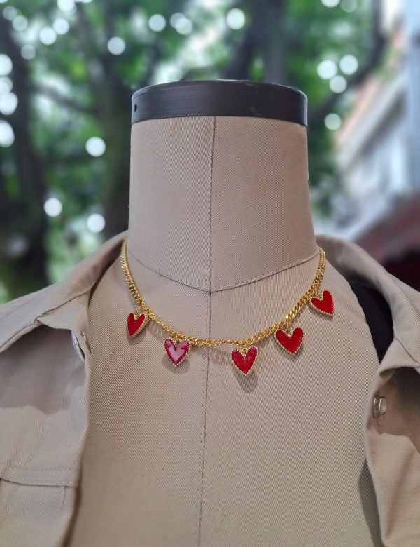 Cadena 5 Corazones Rojo Dorado