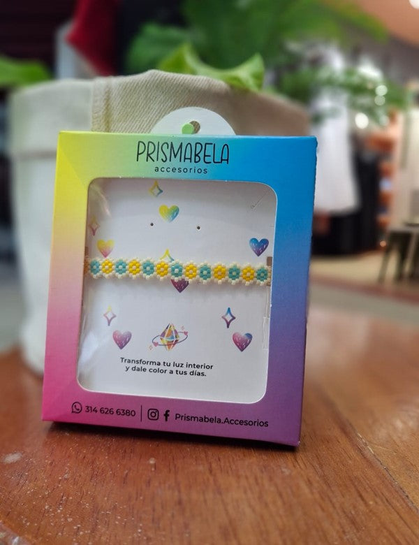 Pulsera 9 hilos flor amarillo, azul y beige