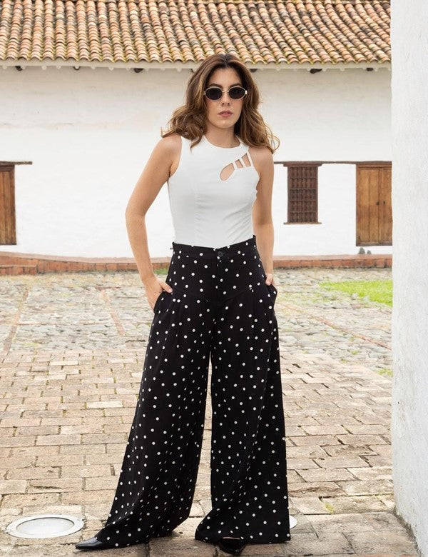 Pantalon Palazzo Basic Lunares Negro