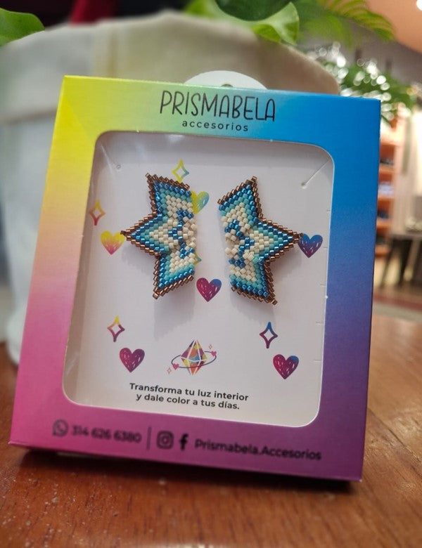 ARETES MEDIA ESTRELLA CAFE AZUL Y BEIGE