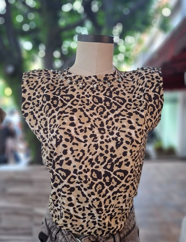 Blusa con Hombreras y Manualidad Animal Print Beige