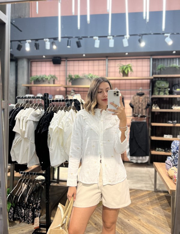 Blusa Cuello encaje  Blanco estampado hoja