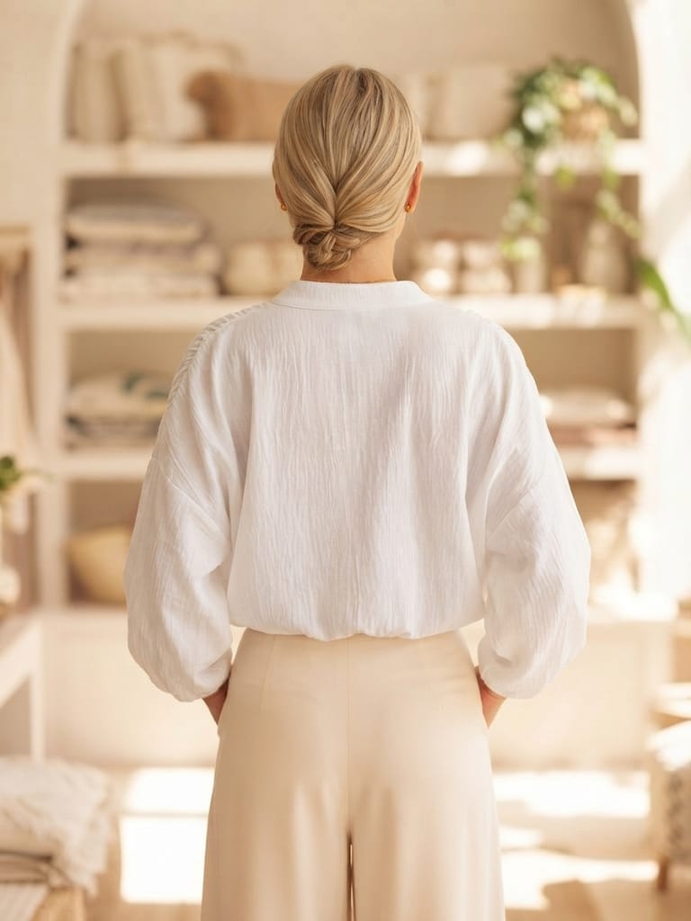 Blusa Manga Larga Resorte Cuello Ivory