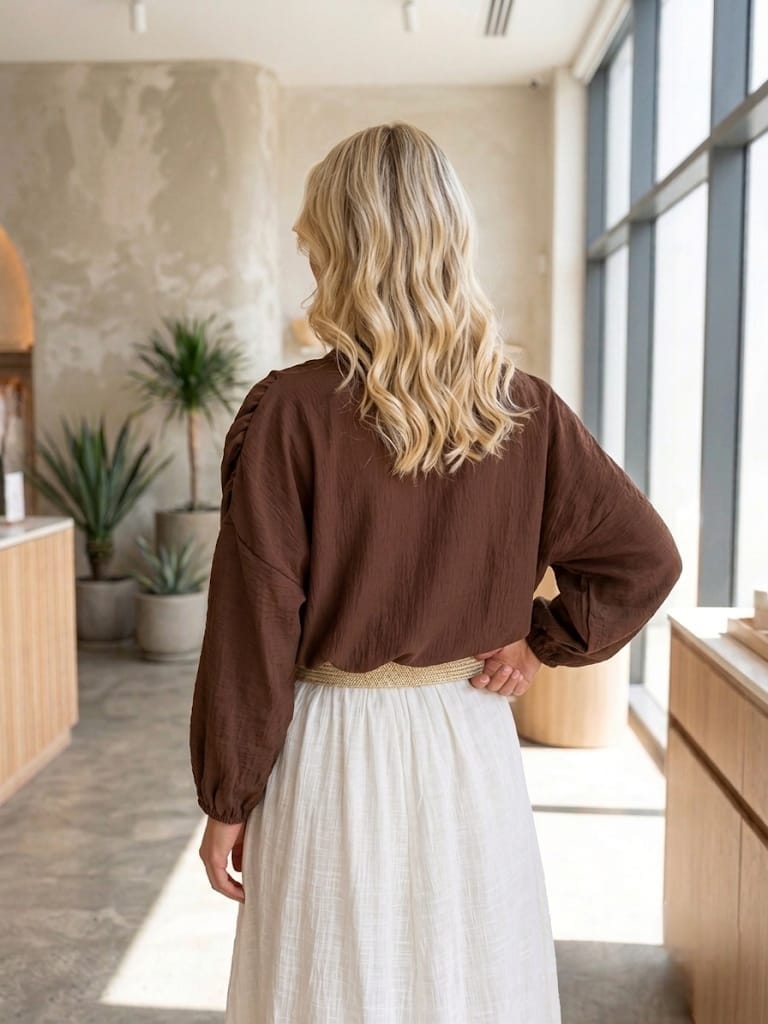 Blusa Manga Larga Resorte Cuello Cafe