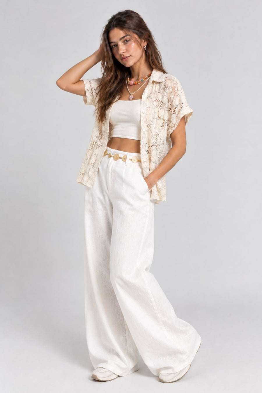Camisa Cuello Bordado Bolsillo Beige